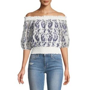 MISA Los Angeles White Ingrid Off-the-Shoulder Blue Floral Embroidered Crop Top
